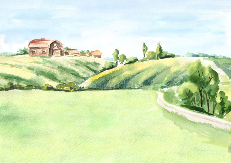 Granja vieja en paisaje rural Ejemplo dibujado mano de la acuarela ilustración del vector Granja vieja en paisaje rural Ejemplo dibujado mano de la acuarela ilustración del vector