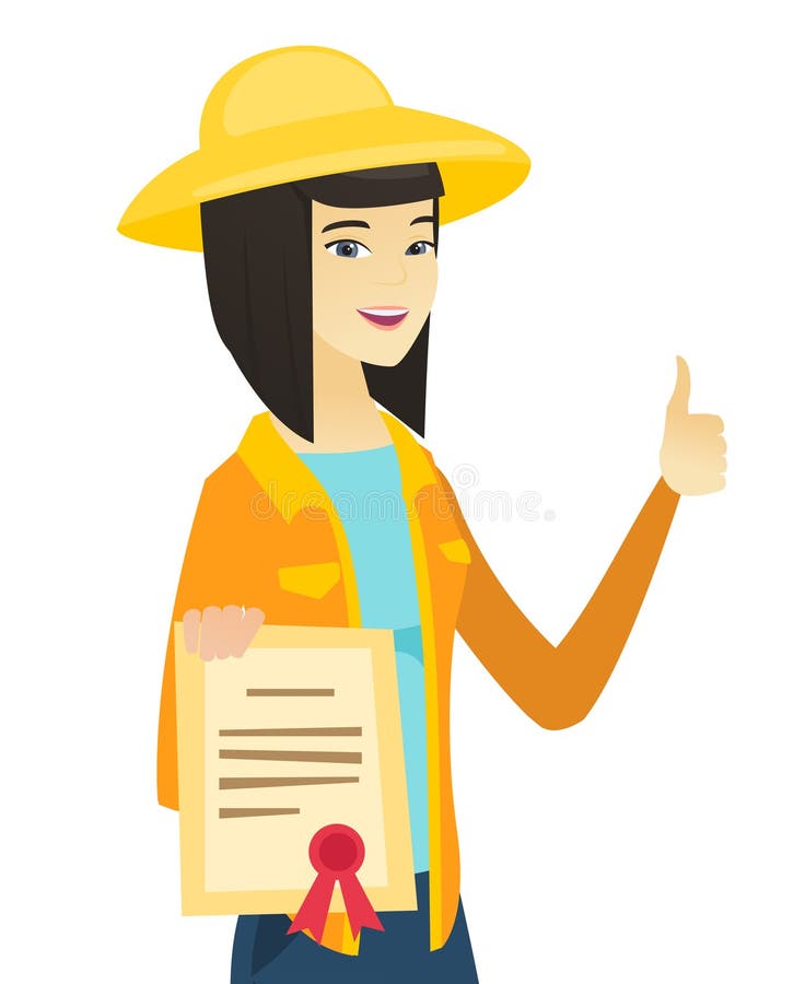 Granjero asiático joven que sostiene un certificado libre illustration Granjero asiático joven que sostiene un certificado libre illustration