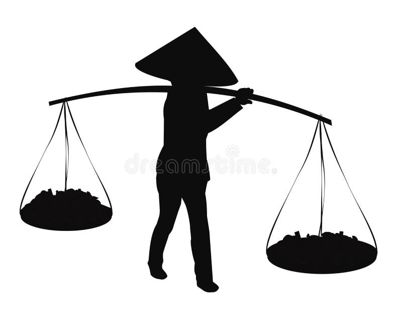 Chinese farmer in silhouette carrying baskets over shoulder with wooden pole. Chinese farmer in silhouette carrying baskets over shoulder with wooden pole