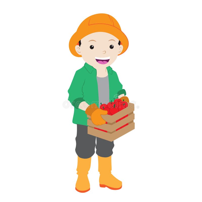 Granjero de sexo masculino Holding de la historieta una caja de manzana en color plano libre illustration Granjero de sexo masculino Holding de la historieta una caja de manzana en color plano libre illustration