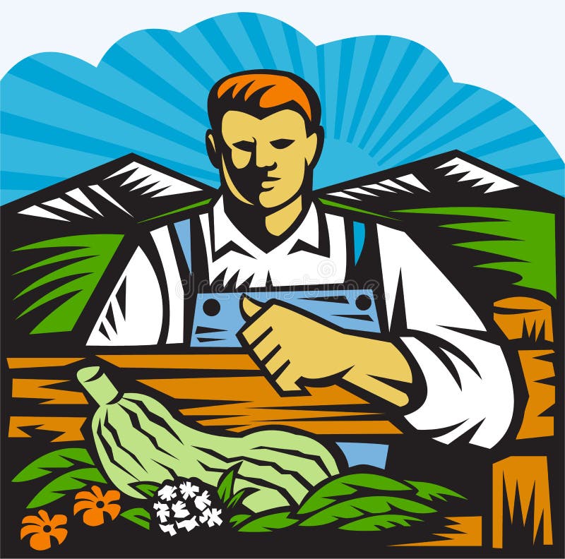 Illustration of organic farmer with crop produce harvest of vegetables facing front on fence with farm field and mountains in background done in retro woodcut style. Illustration of organic farmer with crop produce harvest of vegetables facing front on fence with farm field and mountains in background done in retro woodcut style