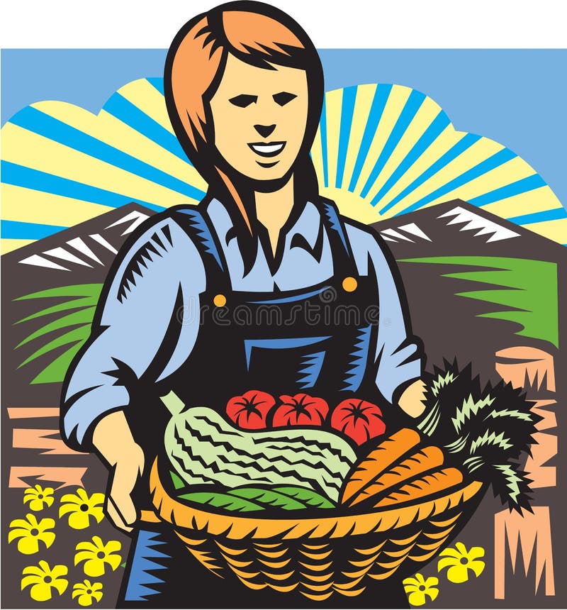 Illustration of female organic farmer with basket of crop produce harvest fruits vegetables facing front with farm fields mountains and fence in background done in retro wpa woodcut style. Illustration of female organic farmer with basket of crop produce harvest fruits vegetables facing front with farm fields mountains and fence in background done in retro wpa woodcut style.