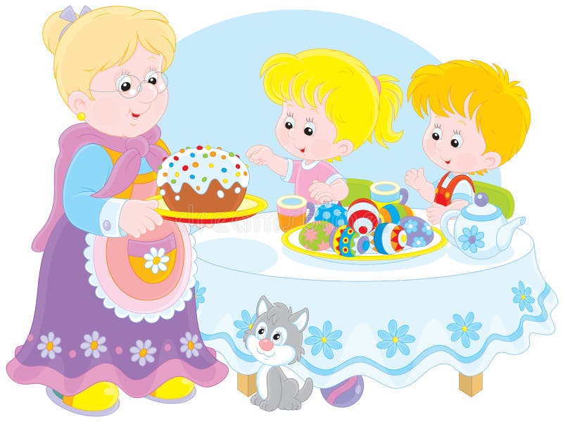 Grandmother with her granddaughter and grandson celebrating Easter at the holiday table with a fancy cake and colorfully painted eggs. Grandmother with her granddaughter and grandson celebrating Easter at the holiday table with a fancy cake and colorfully painted eggs