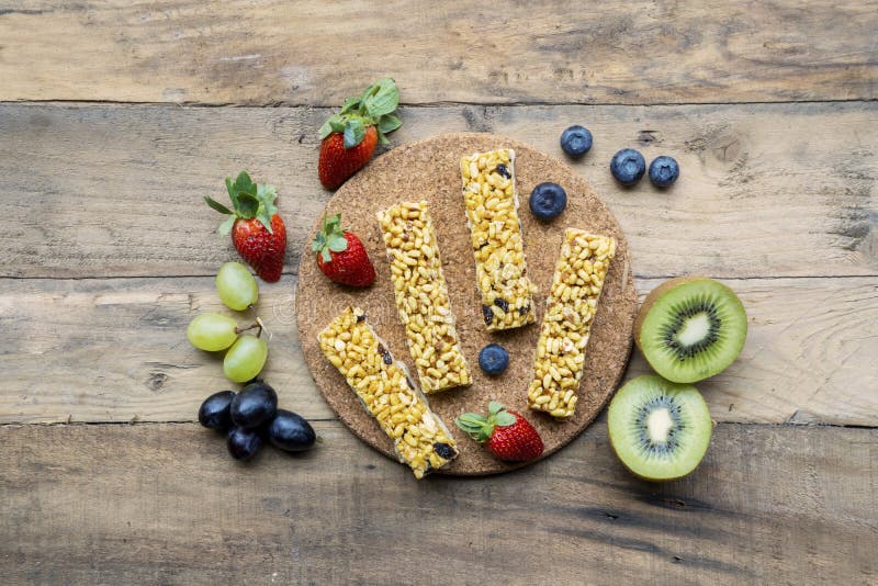 Granola Bars With Fresh Fruits On Table Stock Image Image of