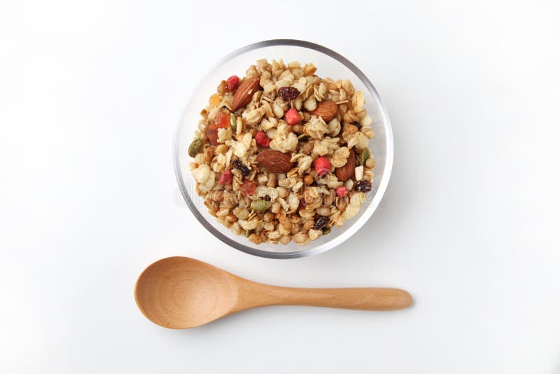 Granola Cereal in Bowl Isolated on White Background Stock Image Image