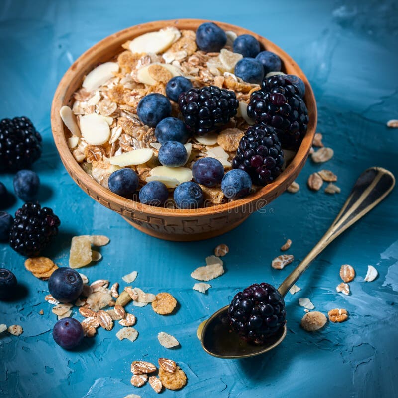 Granola con i mirtilli e le more Alimento sano immagini stock Granola con i mirtilli e le more Alimento sano immagini stock
