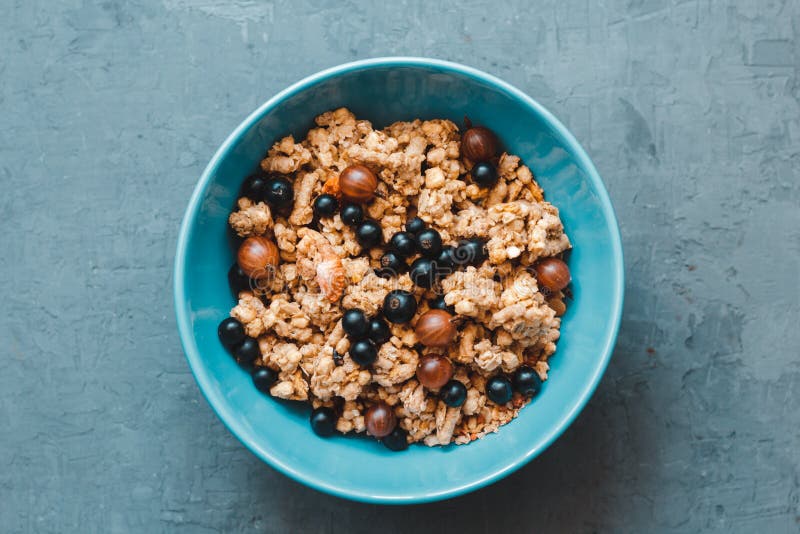 Granola of de vlokken met bessen van zwarte bes en kruisbes in een roze plateren op een witte achtergrond Hoogste mening Gezond royalty-vrije stock afbeeldingen Granola of de vlokken met bessen van zwarte bes en kruisbes in een roze plateren op een witte achtergrond Hoogste mening Gezond royalty-vrije stock afbeeldingen