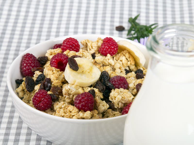 Granola with Fruits and Bottle of Fresh Milk Stock Photo Image of