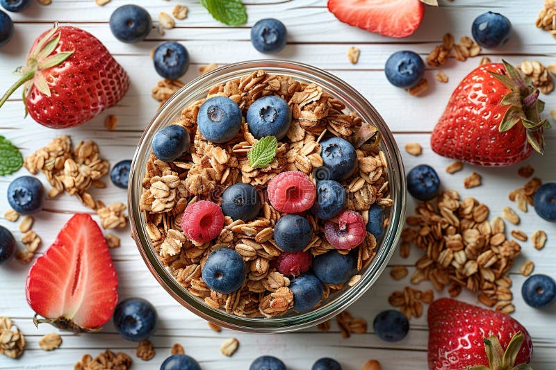 Granola Frühstück gesundes Essen Dessert Müsli Müsli Bio-Müsli Getreide Schüssel Jogurt Milch Beere natürlichen hausgemachten stock abbildung