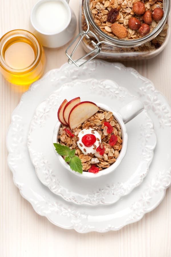 Granola, honey and milk. stock photo. Image of delicious 45020228