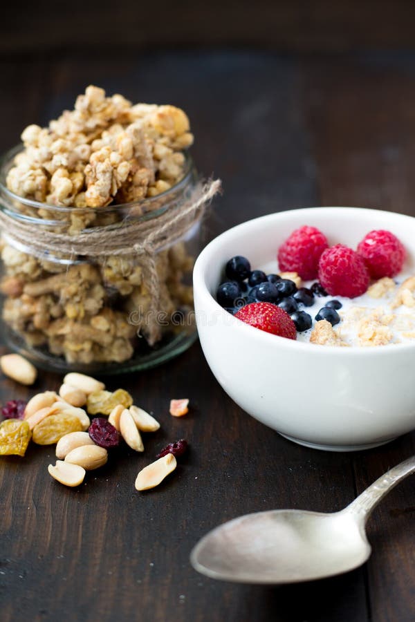 Granola with milk stock photo. Image of ingredient, healthy 74987062