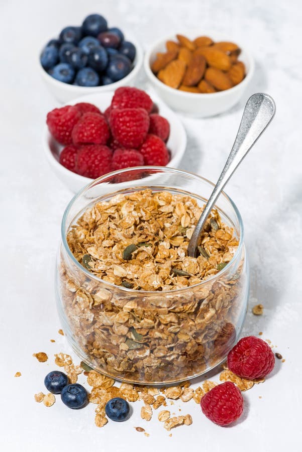Granola saine de petit déjeuner et baies fraîches sur le fond blanc photo stock Granola saine de petit déjeuner et baies fraîches sur le fond blanc photo stock