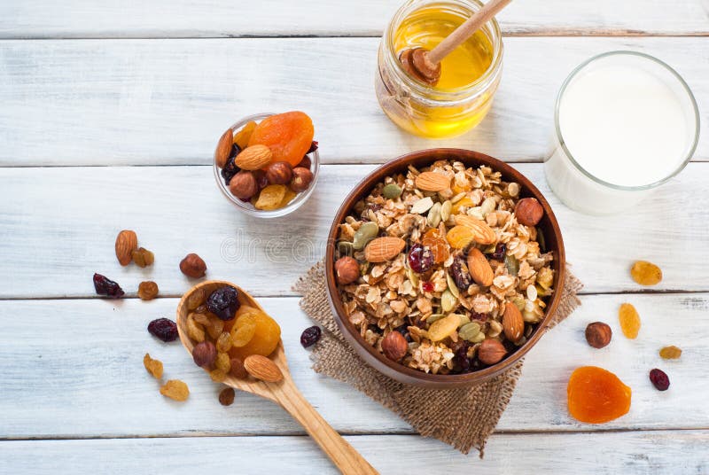 Granola in a wooden bowl.