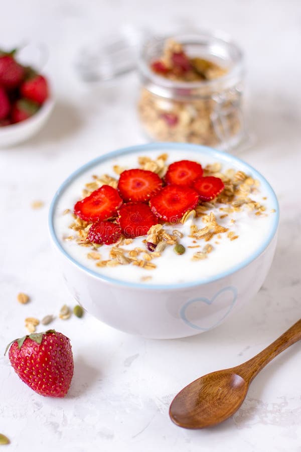Granola with Yogurt and Strawberry, Healthy Breakfast Stock Photo