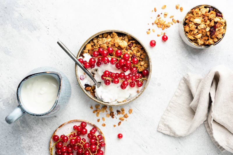 Granola βρωμών με τα μούρα φυσικού γιαουρτιού και κόκκινων σταφίδων στοκ φωτογραφίες με δικαίωμα ελεύθερης χρήσης Granola βρωμών με τα μούρα φυσικού γιαουρτιού και κόκκινων σταφίδων στοκ φωτογραφίες με δικαίωμα ελεύθερης χρήσης