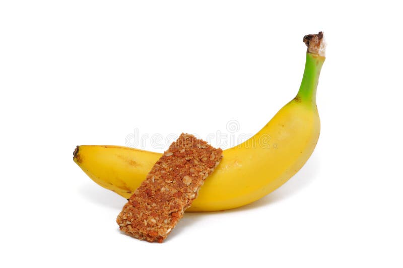 Banana and Granola Bar isolated on a white background. Banana and Granola Bar isolated on a white background