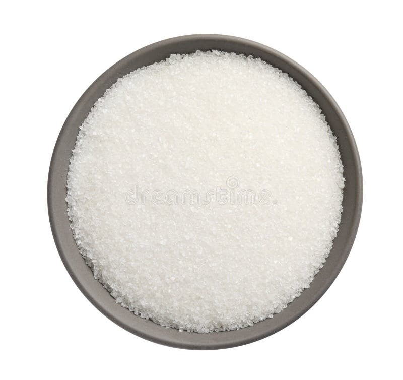 Granulated Sugar in Bowl Isolated on White, Top View Stock Image