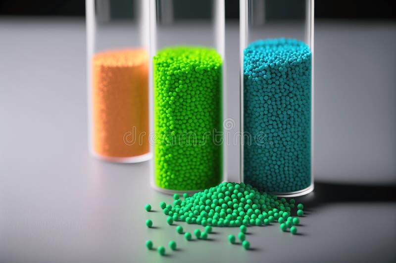 Granules of Biodegradable Plastic in Test Tubes on a Lab Table Stock