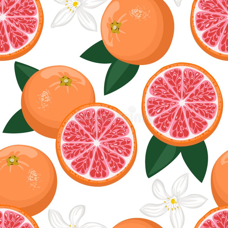 Grapefruit Seamless Pattern. Pink Citrus Fruits, Green Leaves and