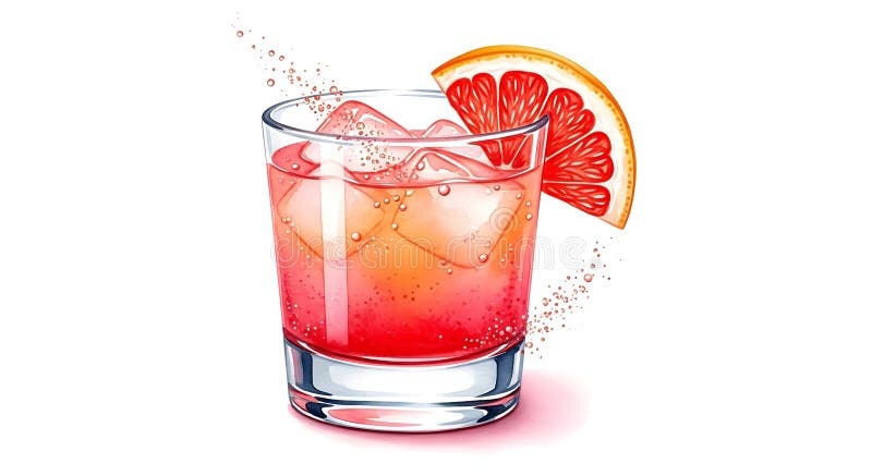 Clear glass with a vibrant pink grapefruit beverage, featuring ice cubes and a stock illustration