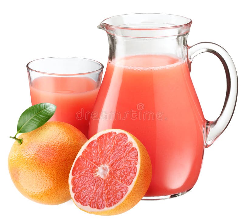 Full glass and jar of grapefruit juice and fruits in front. Full glass and jar of grapefruit juice and fruits in front.