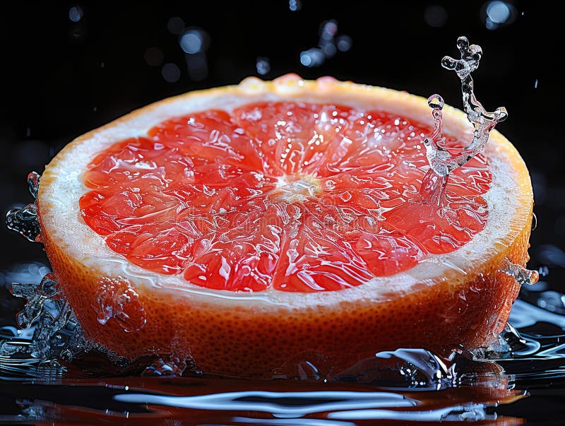 Grapefruitspritzen mit Wasser auf elegantem schwarzem Hintergrund. Makrowasser-Spritze auf Grapefruits. Wassertropfen mit saftig stockfotos