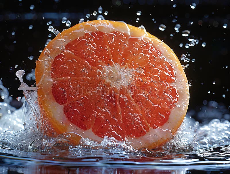 Grapefruitspritzen mit Wasser auf elegantem schwarzem Hintergrund. Makrowasser-Spritze auf Grapefruits. Wassertropfen mit saftig stockfotos