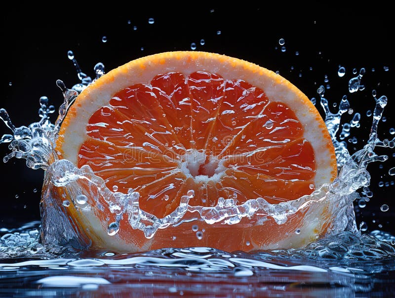 Grapefruitspritzen mit Wasser auf elegantem schwarzem Hintergrund. Makrowasser-Spritze auf Grapefruits. Wassertropfen mit saftig stockbild