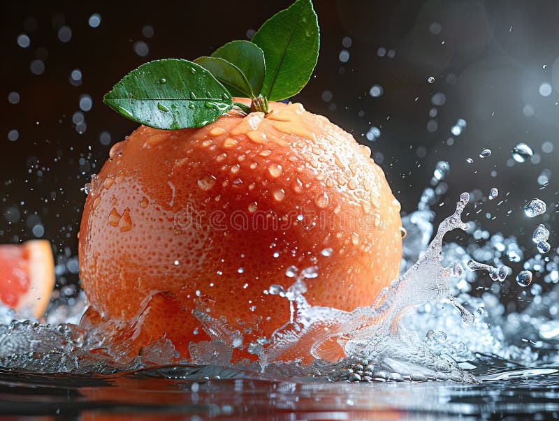 Grapefruitspritzen mit Wasser auf elegantem schwarzem Hintergrund. Makrowasser-Spritze auf Grapefruits. Wassertropfen mit saftig stockbilder