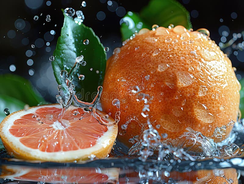 Grapefruitspritzen mit Wasser auf elegantem schwarzem Hintergrund. Makrowasser-Spritze auf Grapefruits. Wassertropfen mit saftig lizenzfreies stockbild