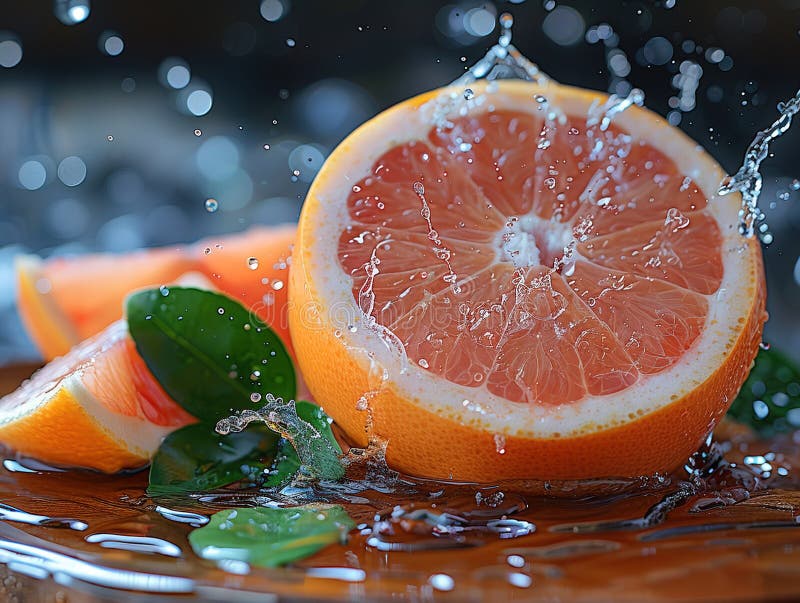 Grapefruitspritzen mit Wasser auf elegantem schwarzem Hintergrund. Makrowasser-Spritze auf Grapefruits. Wassertropfen mit saftig lizenzfreies stockfoto