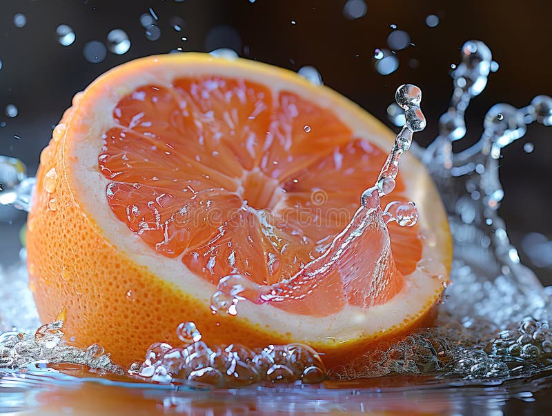 Grapefruitspritzen mit Wasser auf elegantem schwarzem Hintergrund. Makrowasser-Spritze auf Grapefruits. Wassertropfen mit saftig lizenzfreie stockfotos