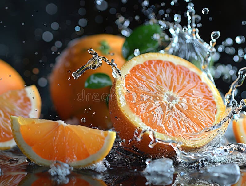 Grapefruitspritzen mit Wasser auf elegantem schwarzem Hintergrund. Makrowasser-Spritze auf Grapefruits. Wassertropfen mit saftig stockbilder