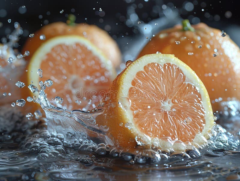 Grapefruitspritzen mit Wasser auf elegantem schwarzem Hintergrund. Makrowasser-Spritze auf Grapefruits. Wassertropfen mit saftig stockfotos