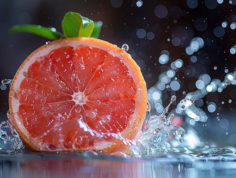 Grapefruitspritzen mit Wasser auf elegantem schwarzem Hintergrund. Makrowasser-Spritze auf Grapefruits. Wassertropfen mit saftig lizenzfreies stockbild