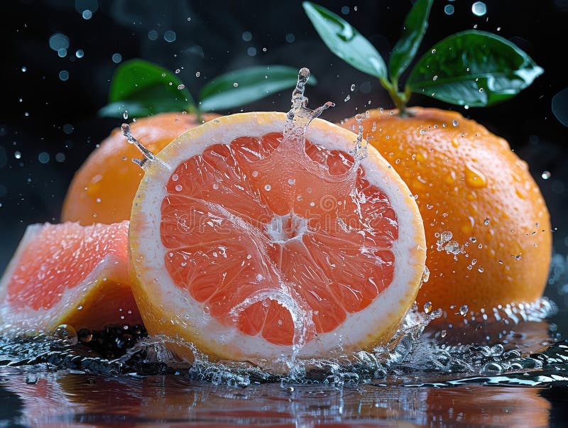 Grapefruitspritzen mit Wasser auf elegantem schwarzem Hintergrund. Makrowasser-Spritze auf Grapefruits. Wassertropfen mit saftig lizenzfreies stockbild