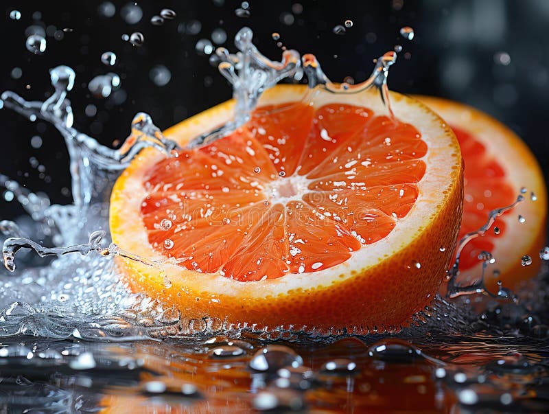Grapefruitspritzen mit Wasser auf elegantem schwarzem Hintergrund. Makrowasser-Spritze auf Grapefruits. Wassertropfen mit saftig stockbild