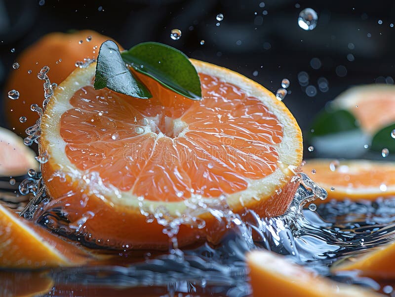 Grapefruitspritzen mit Wasser auf elegantem schwarzem Hintergrund. Makrowasser-Spritze auf Grapefruits. Wassertropfen mit saftig lizenzfreie stockbilder