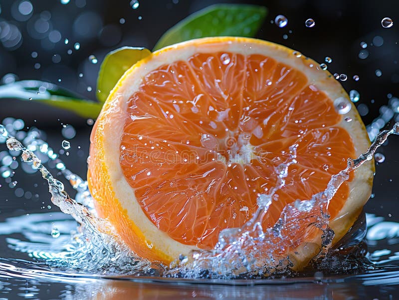 Grapefruitspritzen mit Wasser auf elegantem schwarzem Hintergrund. Makrowasser-Spritze auf Grapefruits. Wassertropfen mit saftig stockfotos