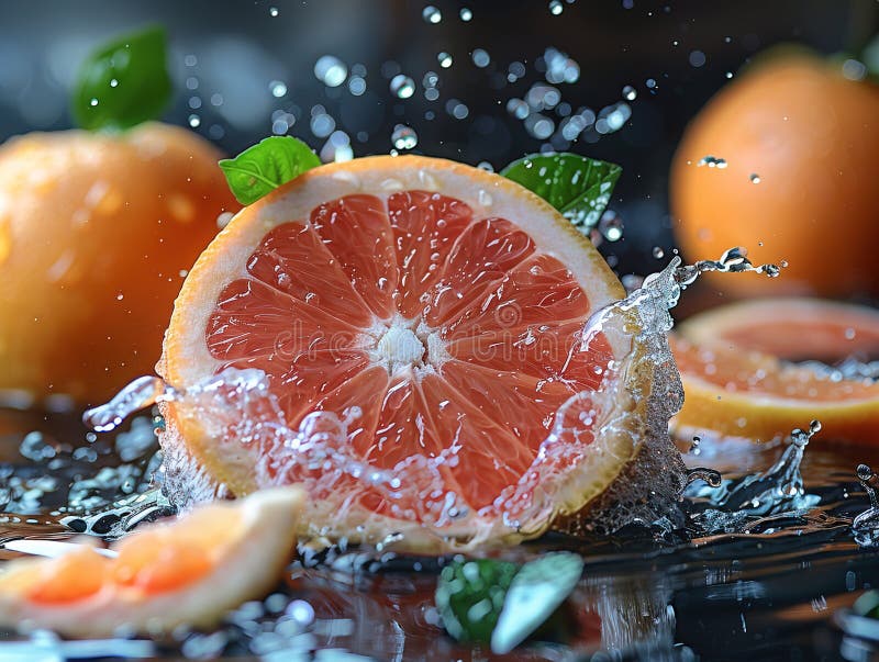 Grapefruitspritzen mit Wasser auf elegantem schwarzem Hintergrund. Makrowasser-Spritze auf Grapefruits. Wassertropfen mit saftig lizenzfreie stockbilder