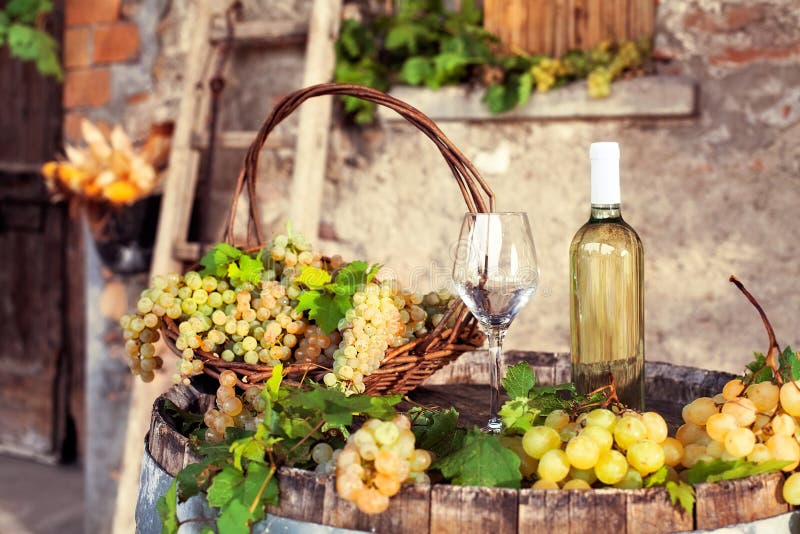 Grapes, empty glasses, bottle of white wine, old farm