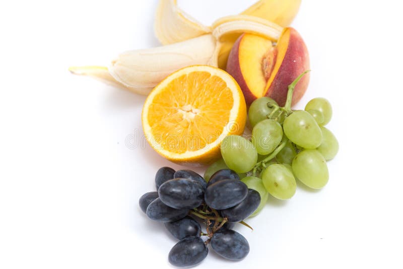 Grapes, peaches, bananas and orange