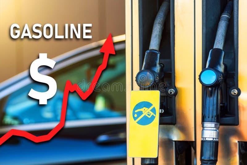 Graph of the cost of gasoline for cars in dollars. Record prices for fuel for the population. Refueling against the background of filling pistols.