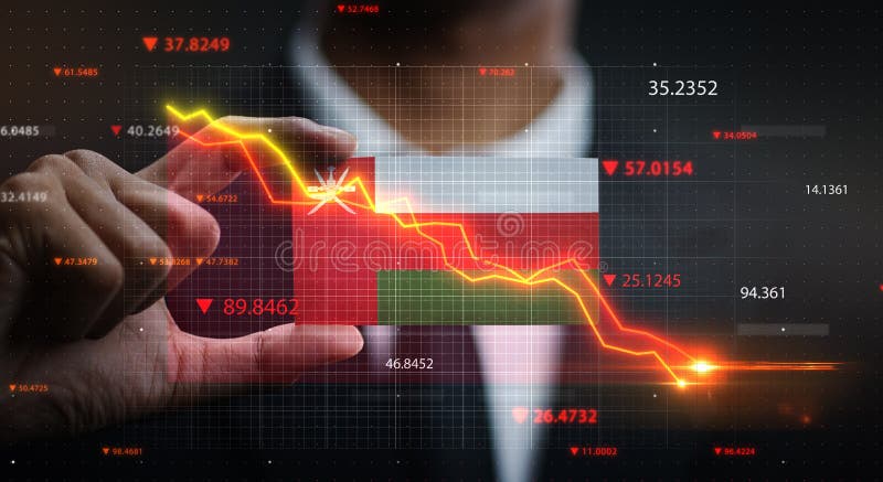 Graph Falling Down in Front Of Oman Flag. Crisis Concept royalty free stock photos