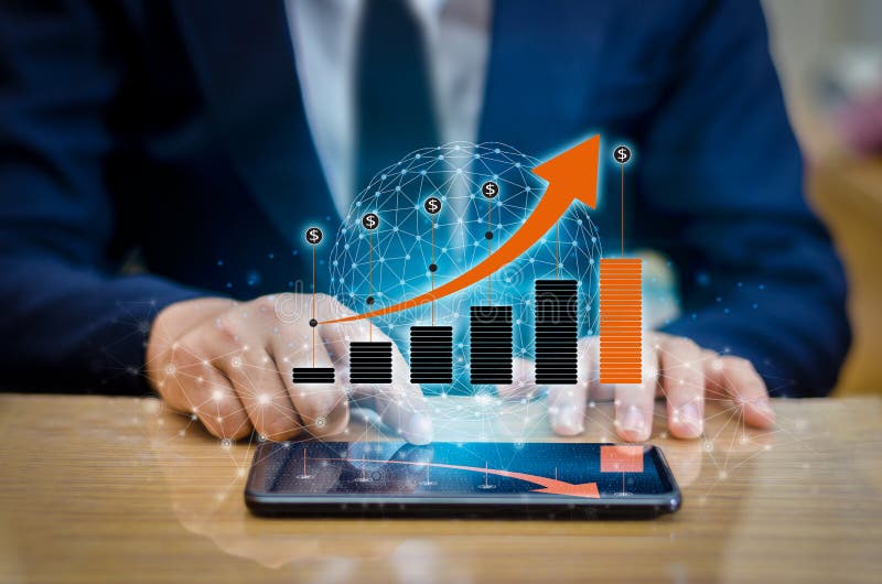 Graph of financial growth global communications Binary Smart Phones and world Internet Businesspeople press the phone to communica royalty free stock photo Graph of financial growth global communications Binary Smart Phones and world Internet Businesspeople press the phone to communica royalty free stock photo