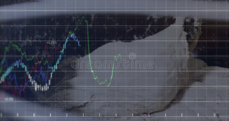 Graph lines and data overlaying snowy mountain landscape, showcasing animation analysis stock footage