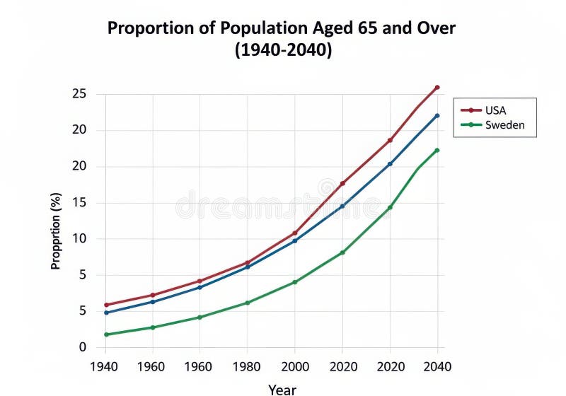 Graph showing the proportion of population aged 65 and over from 1940 to 2040 isolated on white background royalty free illustration