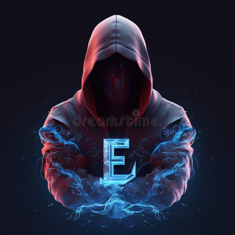 Hacker cu glugă cu simbol de e-mail strălucitor pe litera de fundal întunecată e royalty free illustration