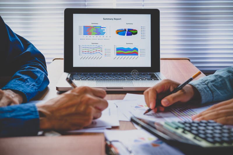 Graphic of business financial data analysis chart on laptop royalty free stock photo