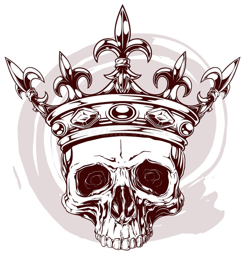 Graphic color human skull with royal lily king crown and diamonds on violet...